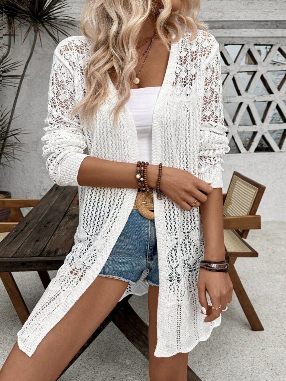 White Casual Women's Hollow Out Cardigan